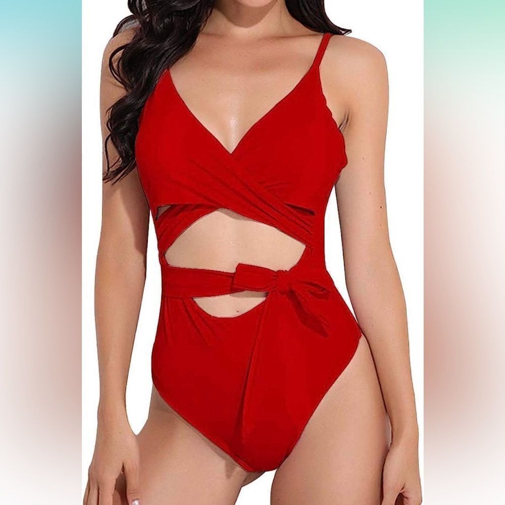 New with Tags Daci Red One Piece Front Wrap Cut Out Bathing Swim Suit Size 20W‎